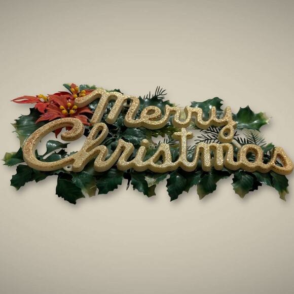 Vintage 1950s Gold Glitter “Merry Christmas” Plastic Sign with Poinsettias - Picture 2 of 5
